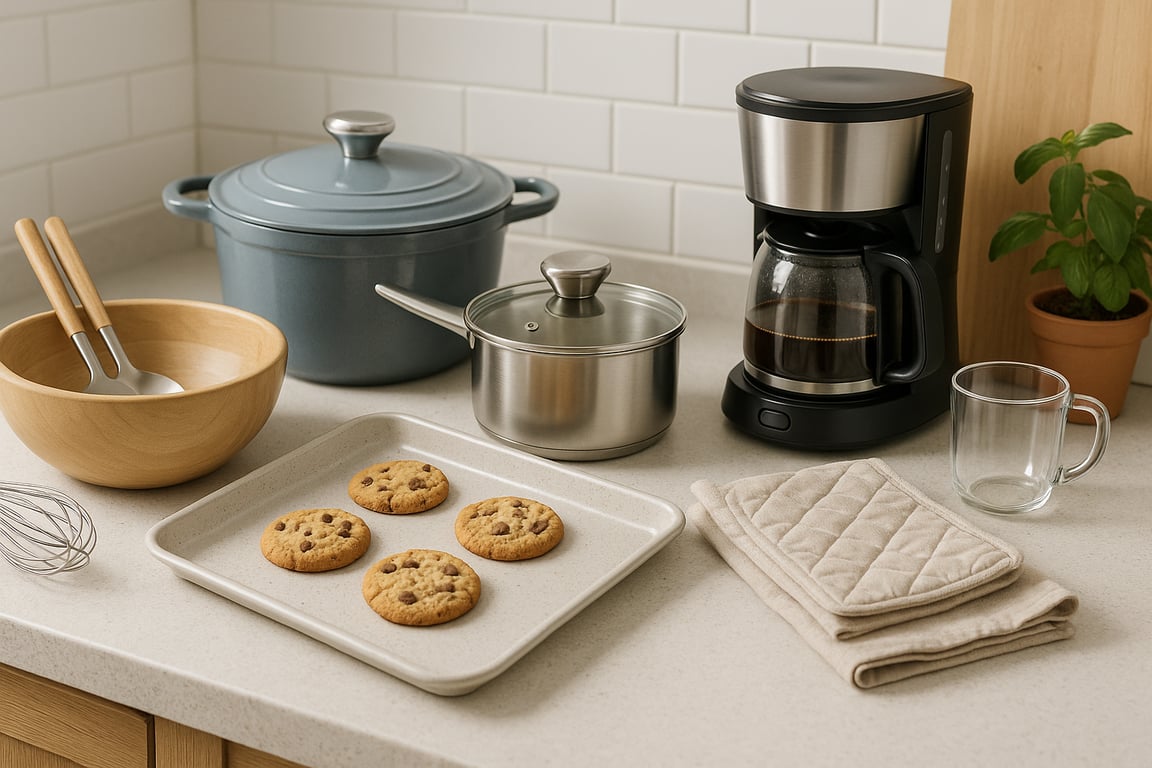 OEM kitchenware supplier displaying custom-branded stainless steel stock pot, non-stick frying pan, kitchen knife, cutting board, and glass jar in a bright home kitchen setting, ready for private labeling.
