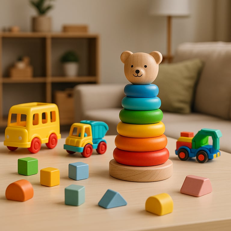 A wide selection of wholesale toys including action figures, board games, and educational sets displayed for international buyers at a China sourcing fair.