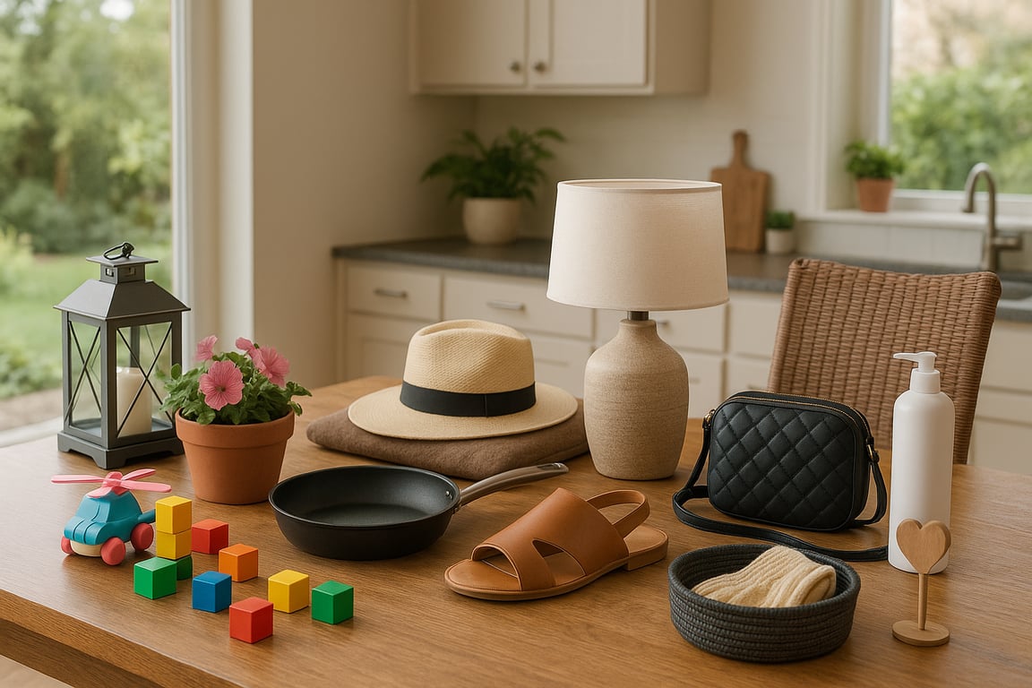 Wholesale household products featuring storage containers, laundry baskets, home textiles, and bathroom accessories organized in a modern retail display.