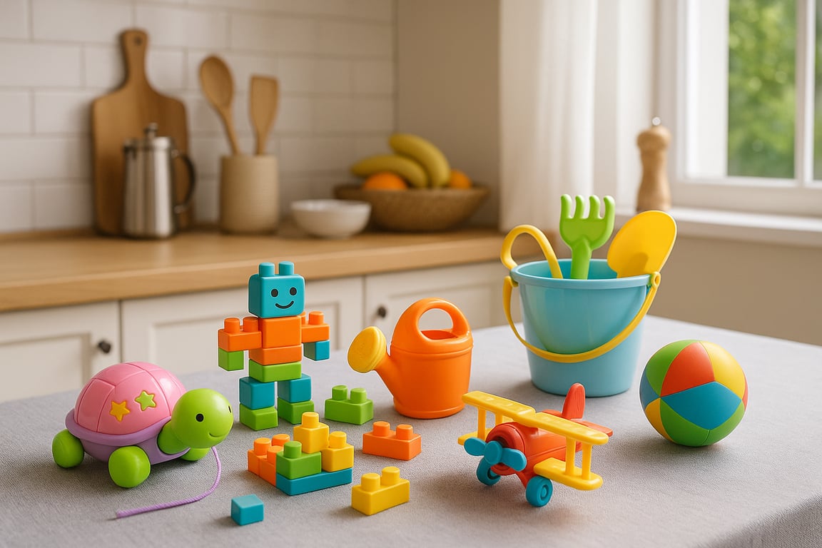 Engineers and designers collaborating on plastic toy prototypes in a modern factory setting, with 3D models and manufacturing equipment visible, highlighting the design and production process in China.