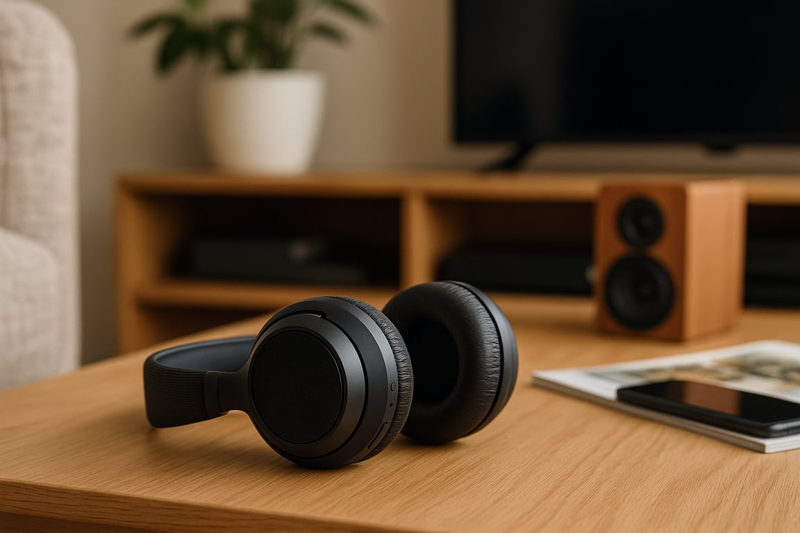 Audio devices manufacturer showcasing a variety of wireless speakers, over-ear headphones, and professional microphones on a sleek display stand.
