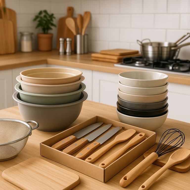 Bulk kitchen supplies for retailers, featuring a wide array of stainless steel cookware, non-stick pans, chef knives, cutting boards, and various cooking utensils neatly arranged on a modern kitchen island, ready for wholesale distribution.