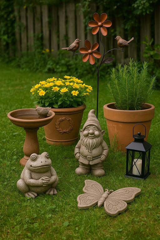 High-quality garden decor bulk inventory featuring resin garden gnomes, metal wind spinners, and decorative stone pathways in a beautifully landscaped garden.