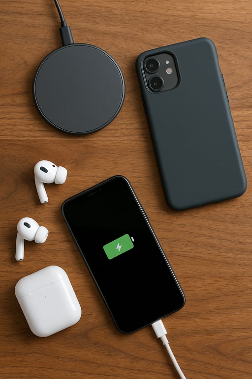 Close-up of various private label phone accessories including custom-branded phone cases, fast charging cables, wireless charging pads, and portable power banks, ready for retail.