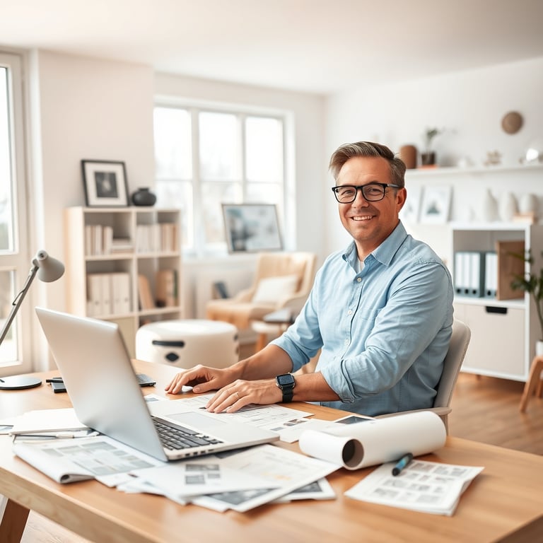 smiling male interior designer in office. Image height is 48 and width is 48