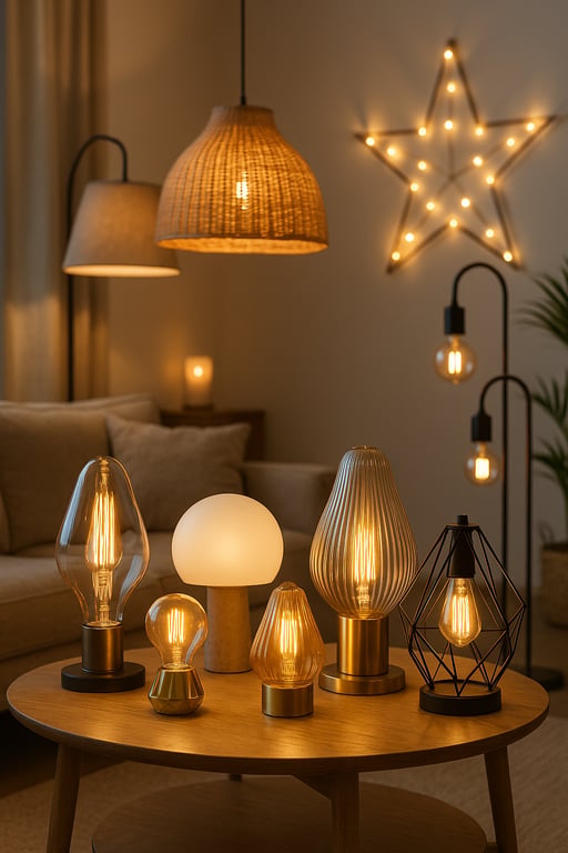 Wholesale decorative lighting supplier showcasing a modern living room with various stylish lamps, including a floor lamp, table lamp, and pendant lights, creating a warm and inviting ambiance.