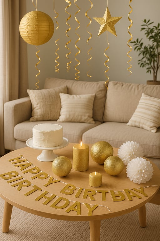 A festive party setup featuring a table adorned with colorful plates, cups, napkins, and party favors, surrounded by balloons, streamers, and a 'Happy Birthday' banner, creating a joyful atmosphere.