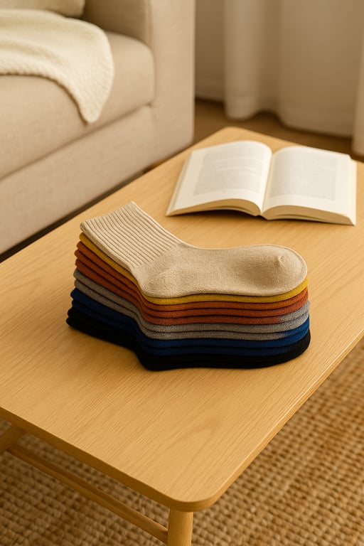 Wholesale socks supplier showcasing a variety of cotton, wool, and athletic socks in different patterns and colors, neatly organized for retail display.