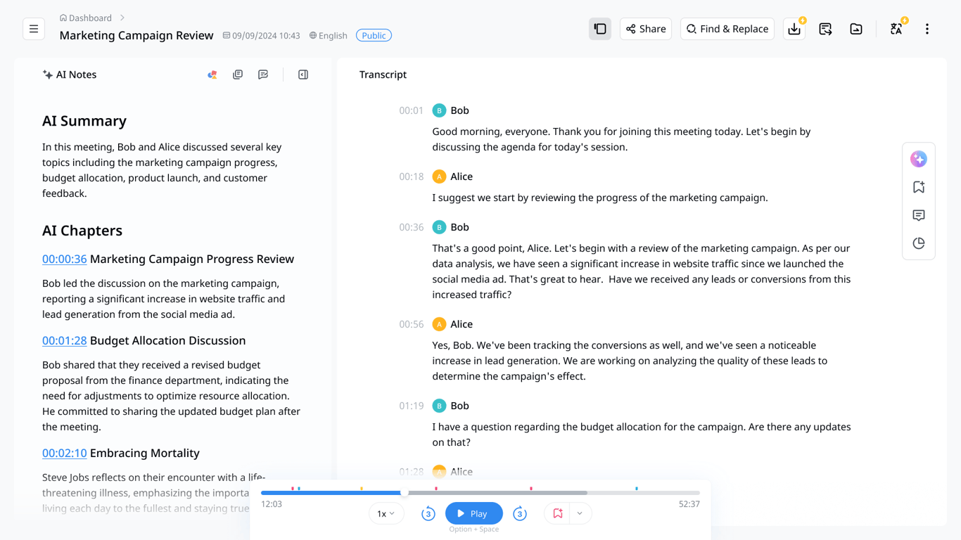 Notta meeting transcript with AI Notes, chapter summaries, and playback controls