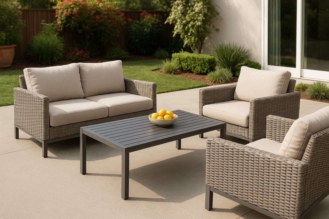 Custom outdoor furniture manufacturer showcasing a modern patio set with a sofa, armchairs, and coffee table made from weather-resistant materials, arranged on a stylish deck with lush greenery.