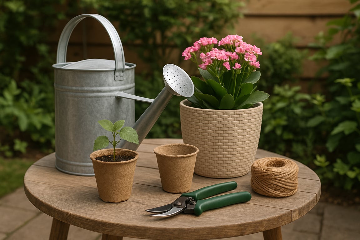 Wholesale garden accessories including solar-powered garden lights, hanging baskets, bird feeders, and heavy-duty gardening tools displayed in a bright showroom environment.