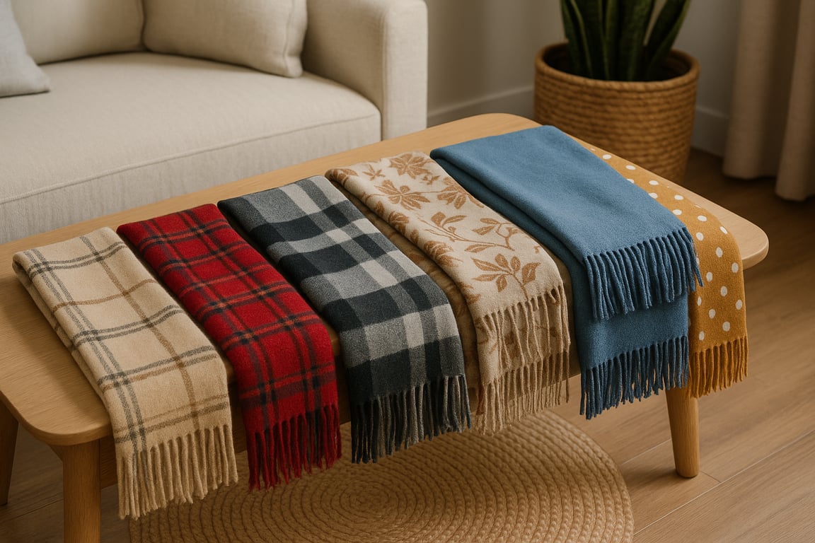 A vibrant display of various wholesale scarves, including silk, wool, and patterned designs, neatly folded and arranged on a boutique display table, highlighting quality and variety for retailers.