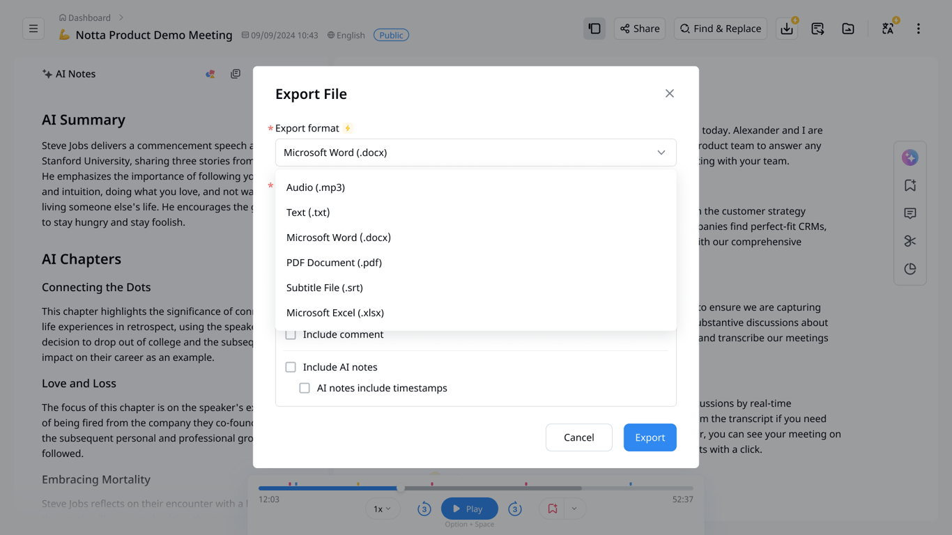 Notta export dialog showing transcript-file format options