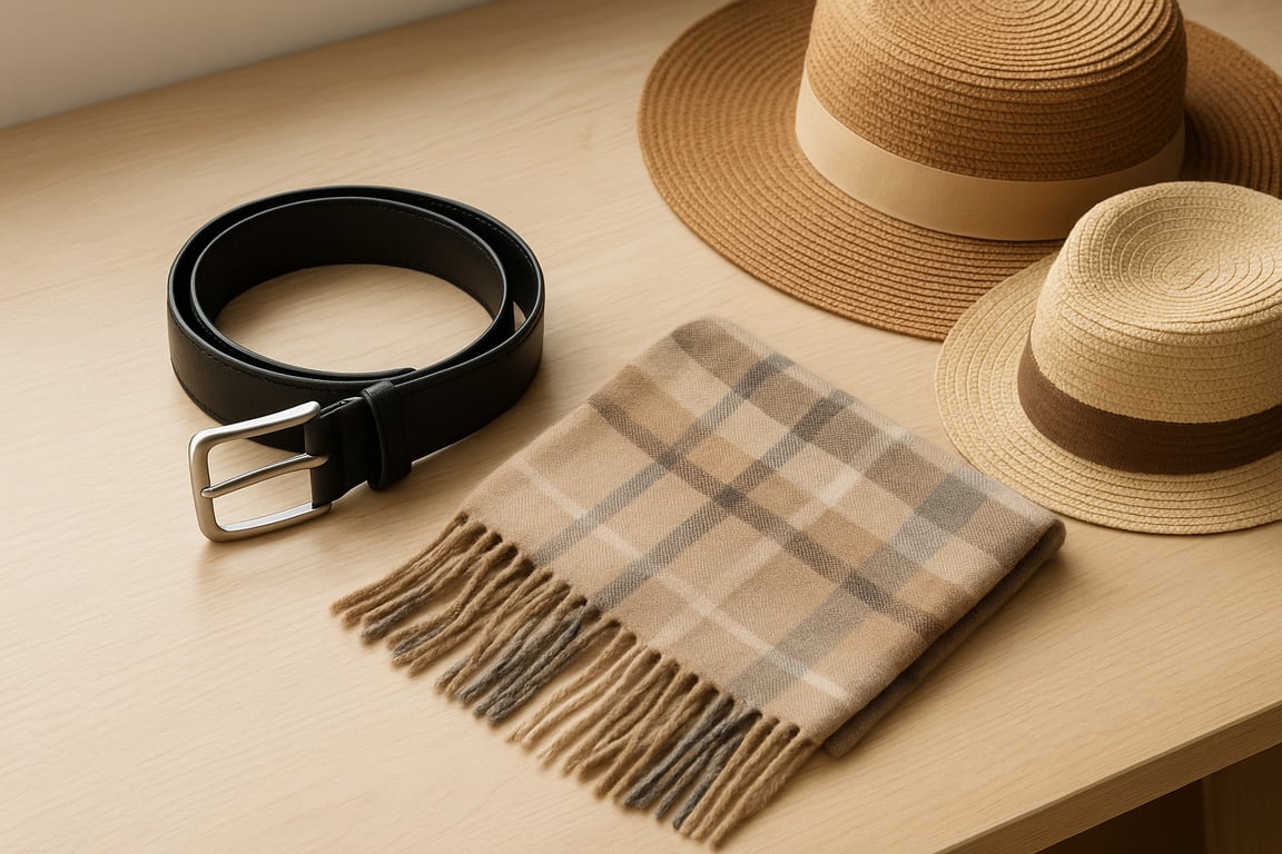 Wholesale belts, hats, and scarves manufacturer displaying a diverse collection of fashion accessories including various styles of belts, hats, and scarves in a well-lit studio setting, highlighting material and craftsmanship.