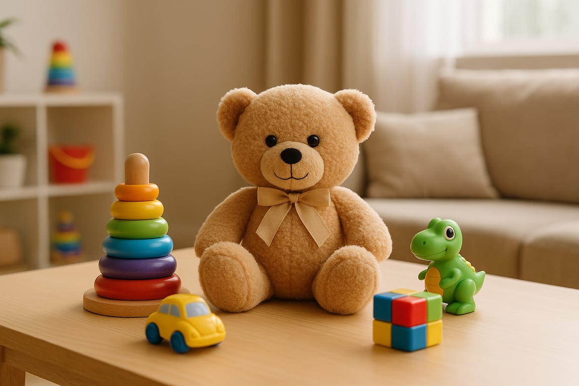 A variety of custom manufactured toys including educational wooden blocks, soft plush animals, and colorful plastic building sets displayed in a professional showroom.