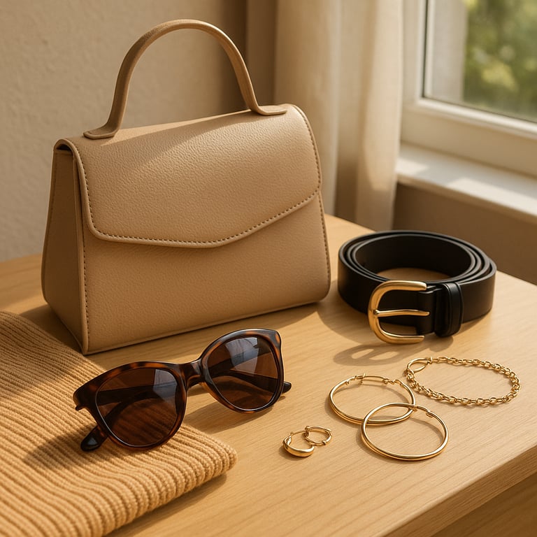 Private label fashion accessories collection featuring designer handbags, silk scarves, gold-plated jewelry, and trendy sunglasses displayed in a high-end retail showroom.
