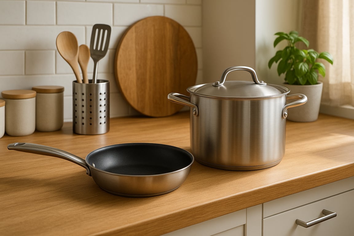 Private label kitchenware supplier showcasing custom-branded stainless steel cookware, frying pan, chef knife, cutting board, pasta, fresh vegetables, spice grinders, and cooking utensils arranged on a modern kitchen countertop, ready for branding.