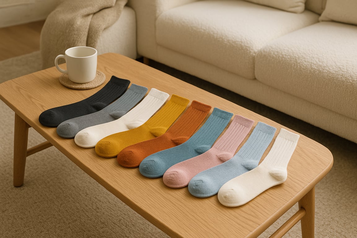 A professional display of wholesale socks including crew socks, ankle socks, and no-show styles, highlighting various fabric blends and reinforced stitching.
