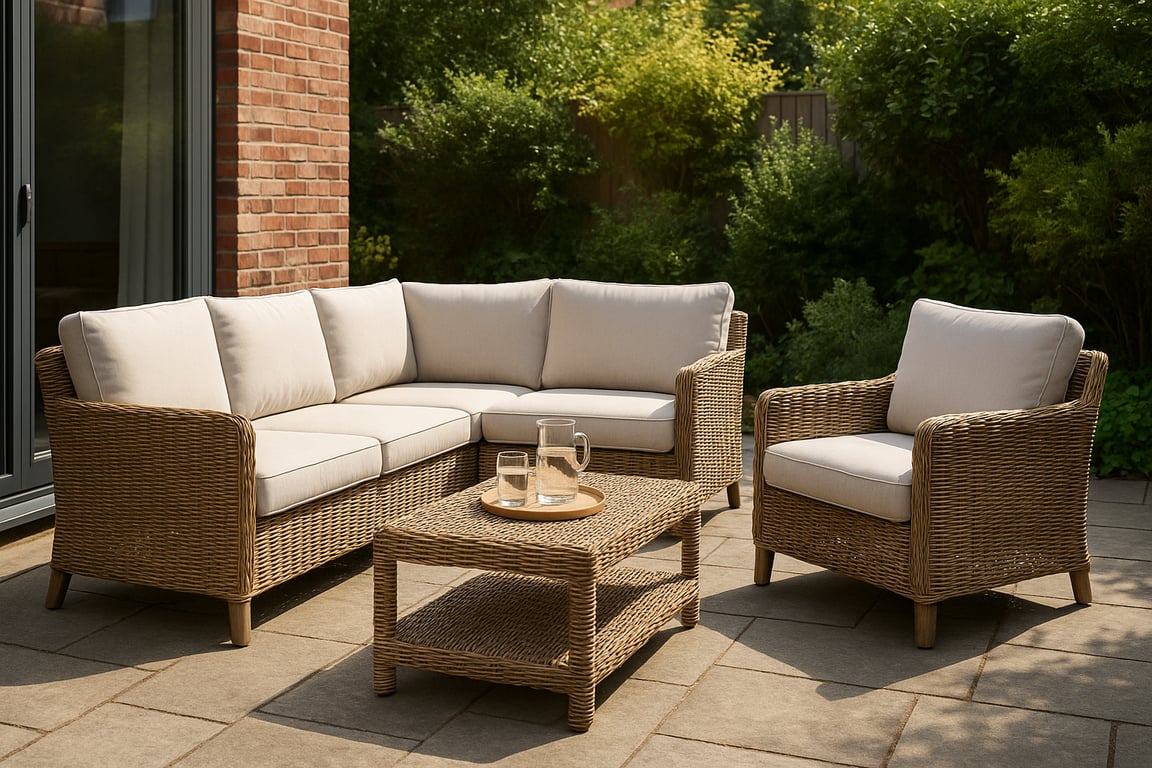 Modern outdoor patio furniture set with comfortable cushions, a coffee table, and decorative plants, showcasing a stylish and inviting outdoor living space.