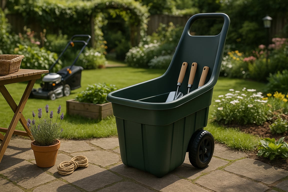 A variety of OEM garden products including ergonomic hand tools, solar garden lights, and stylish resin planters displayed in a professional showroom.