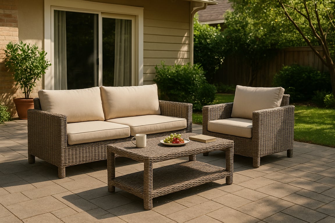 Wholesale patio furniture supplier displaying a cozy outdoor lounge area with comfortable sofas, coffee table, and decorative pillows, set on a patio with natural light and plants.