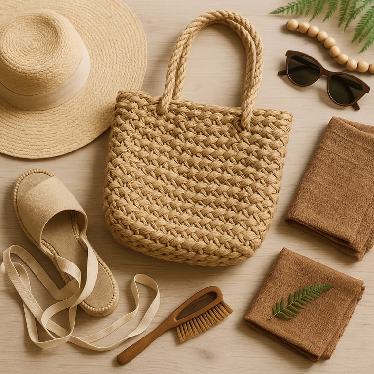 Close-up of various eco-friendly fashion accessories, including a woven straw hat, a necklace made from recycled glass beads, and a canvas tote bag with a minimalist design, highlighting sustainable craftsmanship.