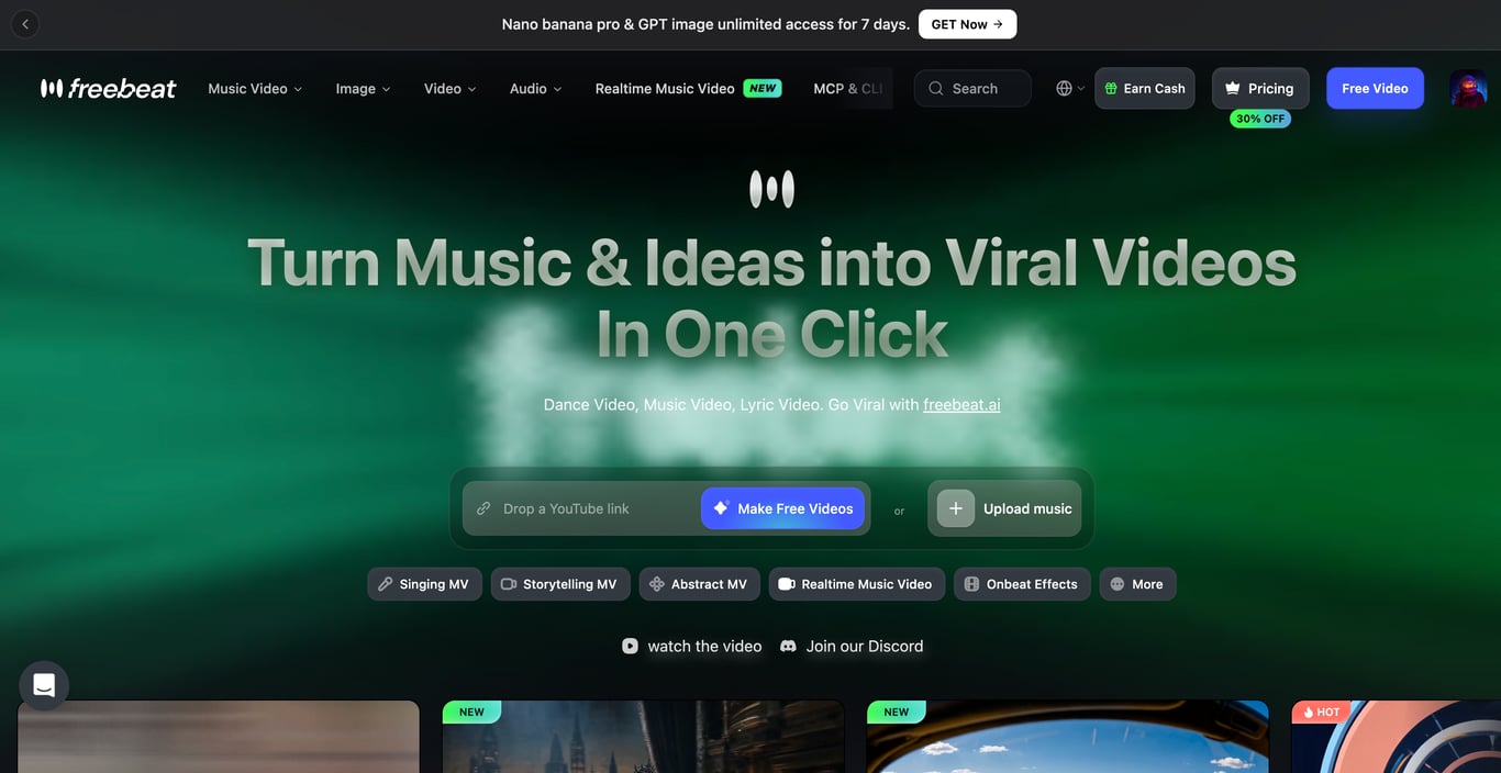 Interface de la page d'accueil de Freebeat pour transformer musique et idées en vidéos virales