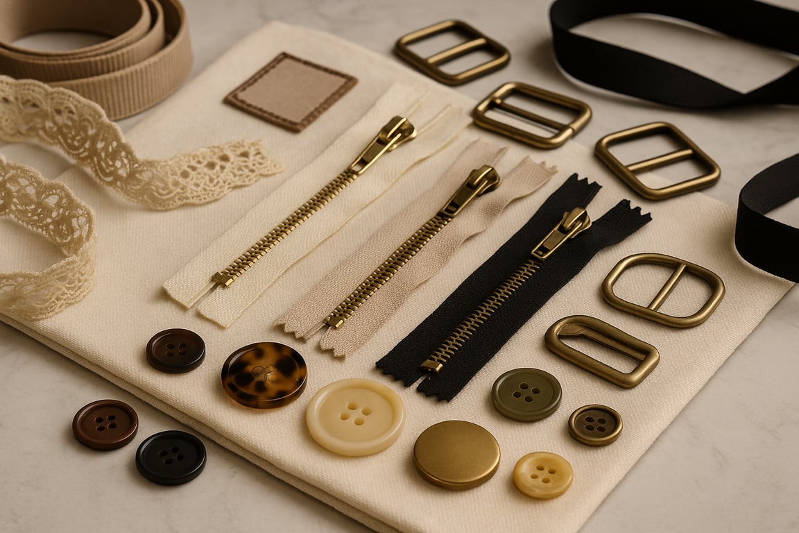 Wholesale fashion trims and accessories supplier showcasing a variety of buttons, zippers, woven labels, metal buckles, and decorative beads arranged on a modern design table, symbolizing efficient sourcing and customization.