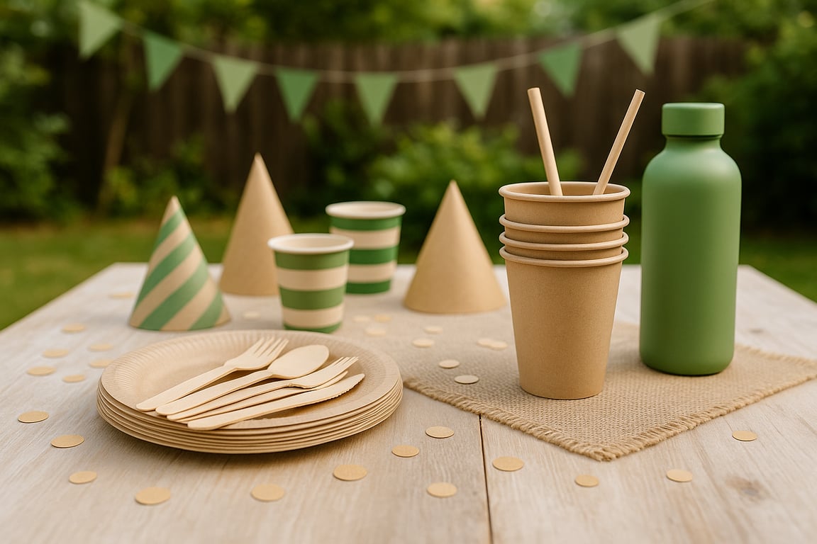 Assortment of eco-friendly party supplies including compostable plates, bamboo cutlery, recycled paper napkins, and biodegradable decorations arranged on a rustic wooden table, emphasizing sustainable celebration.