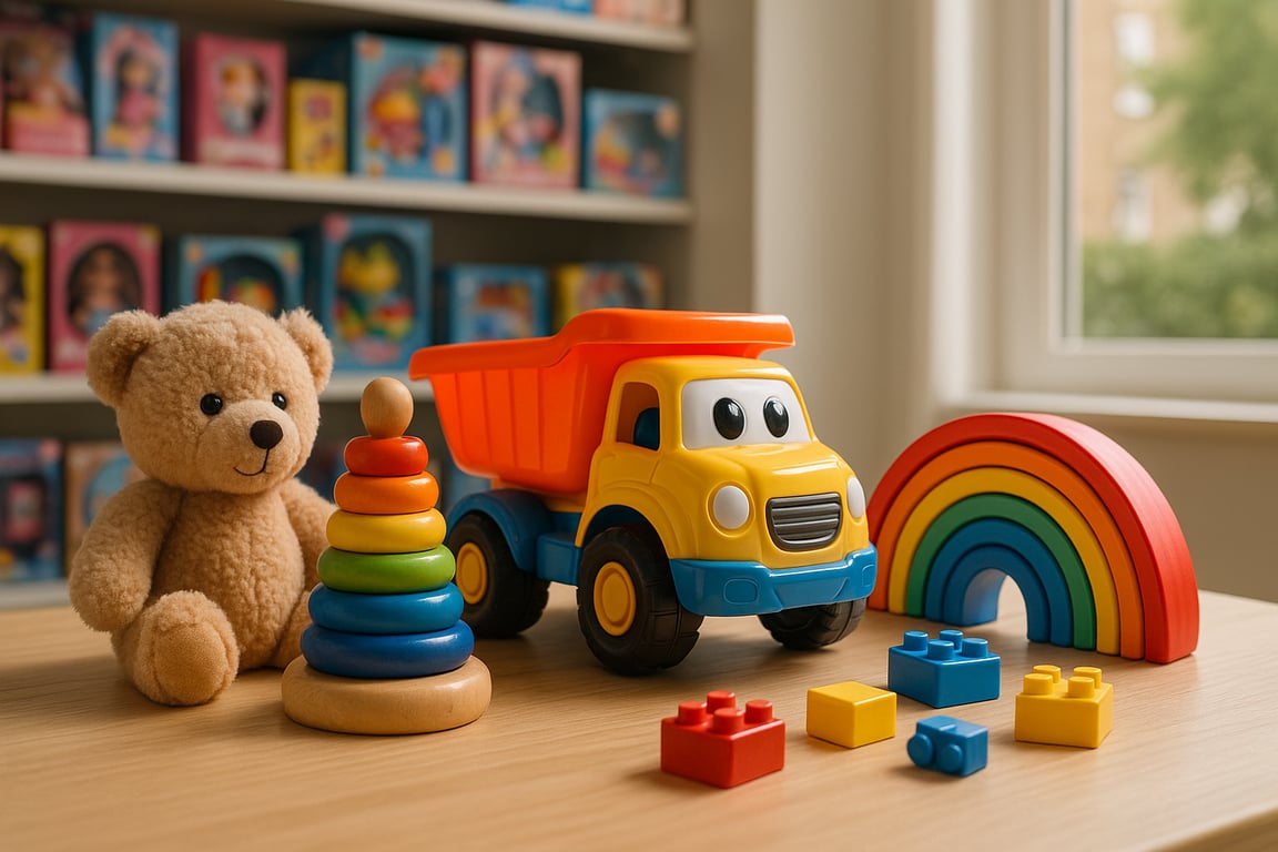 A professional toy supplier for retailers showcasing a variety of educational toys, plush animals, building blocks, and board games in a modern retail display setting.