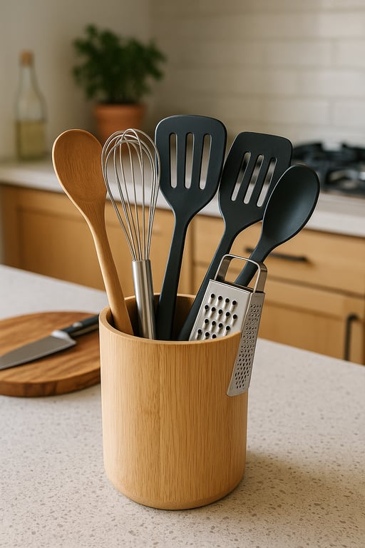 A diverse collection of kitchen utensils, including stainless steel spatulas, silicone whisks, wooden spoons, and nylon ladles, displayed on a clean surface, representing the wide range of OEM manufacturing options.