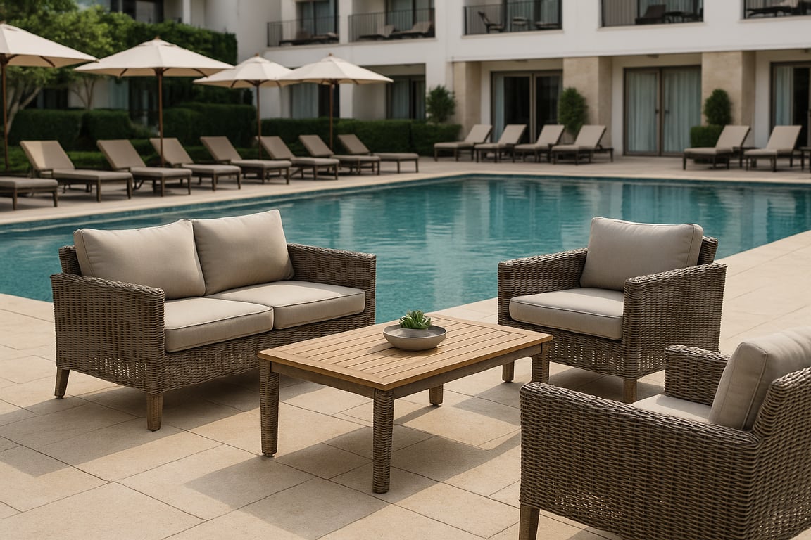 Hotel outdoor furniture supplier displaying a luxurious poolside lounge area with comfortable sun loungers, side tables, and umbrellas, set against a backdrop of a modern hotel building and clear blue sky.