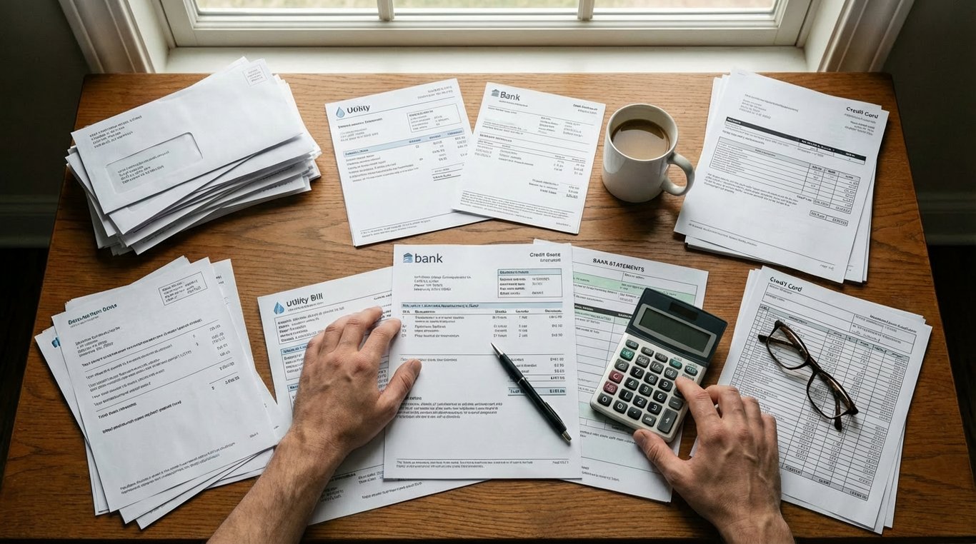 Person reviewing financial statements with a calculator