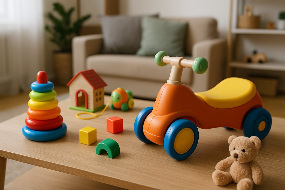 Professional toy sourcing agent in China inspecting a variety of colorful educational toys, plush animals, and building blocks in a modern showroom.