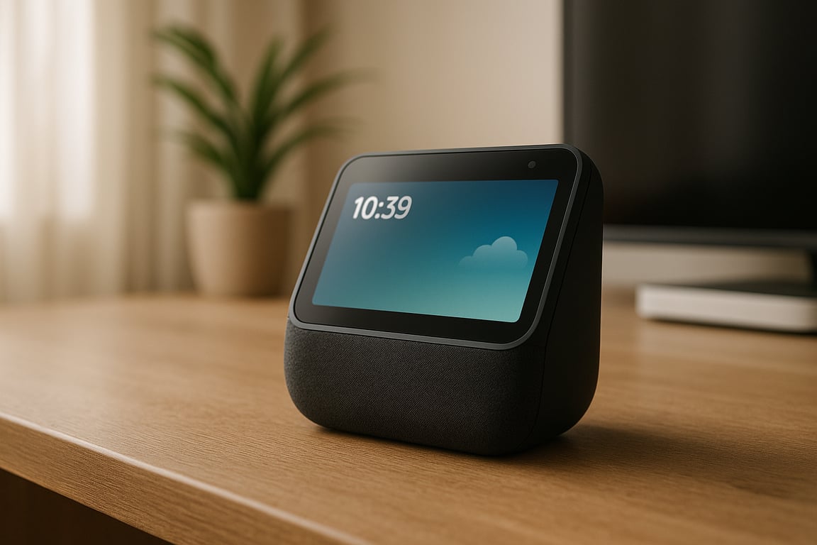 A diverse collection of smart electronic devices including a smartwatch, smart speaker, wireless earbuds, drone, and VR headset arranged on a modern tech display.