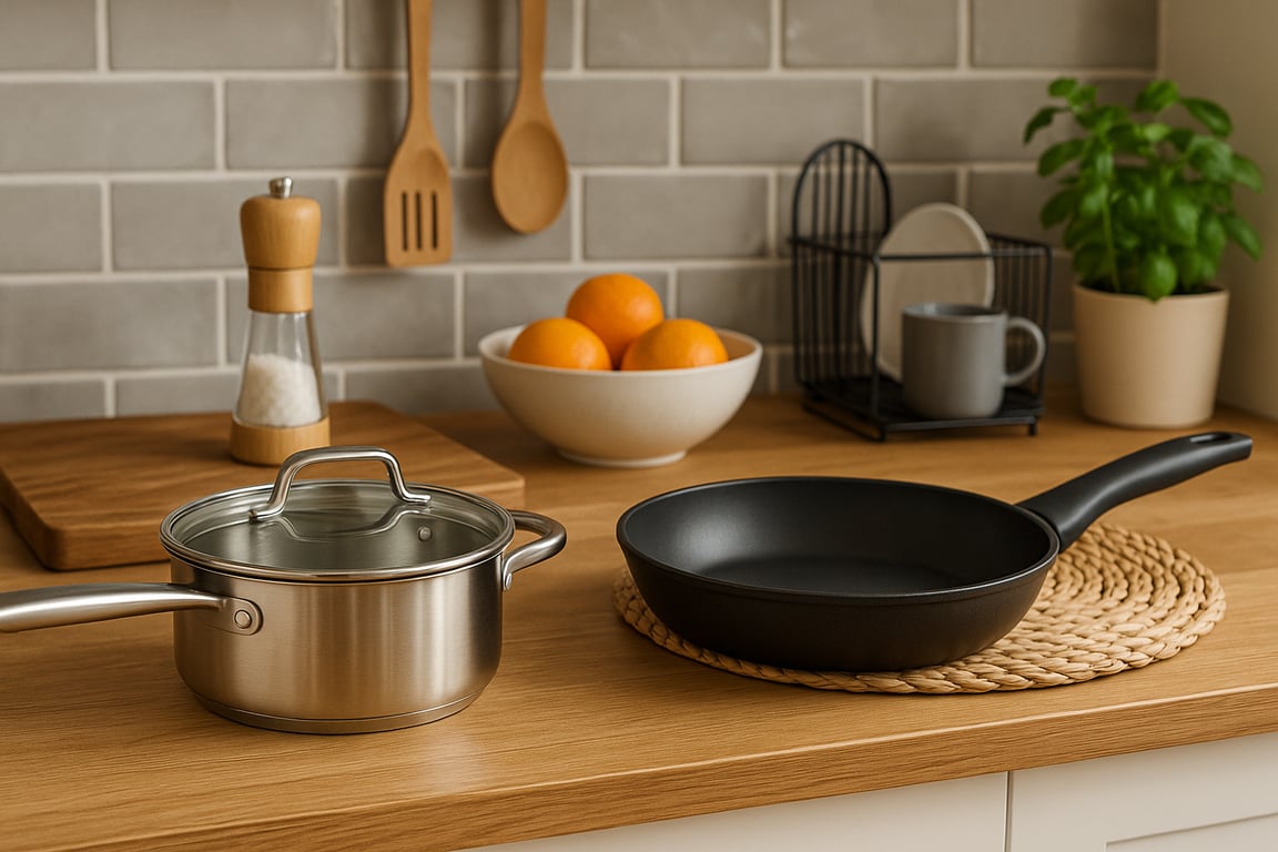 Engineers and designers collaborating on kitchenware product development, reviewing 3D models of a new non-stick frying pan and stainless steel cutlery in a modern design studio.