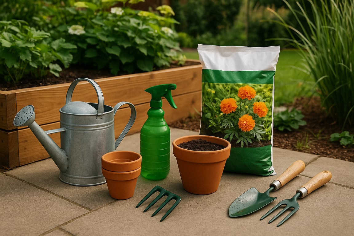 Garden supplier for retailers showcasing wholesale garden tools, ergonomic trowels, pruning shears, ceramic planters, and outdoor decor arranged for a professional retail display.