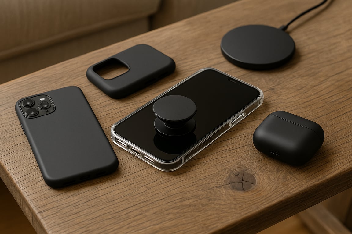 Assortment of private label phone accessories including custom phone cases, wireless chargers, power banks, and earbuds displayed on a modern desk, highlighting branding opportunities.