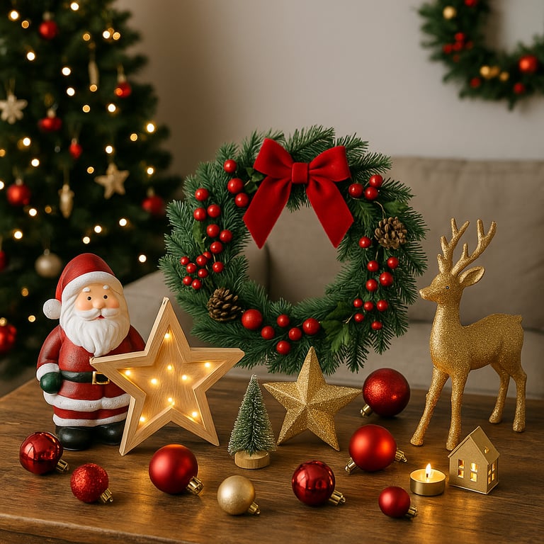 Wholesale holiday decorations featuring Christmas trees, festive ornaments, LED string lights, and seasonal home decor items displayed in a professional showroom.