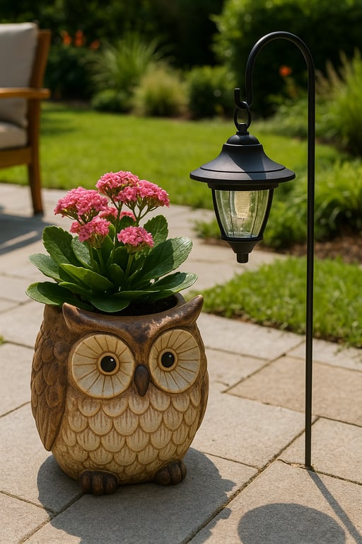 Wholesale outdoor garden accessories supplier displaying a diverse range of garden decor, watering cans, hand tools, bird feeders, and solar lights in a well-maintained backyard.