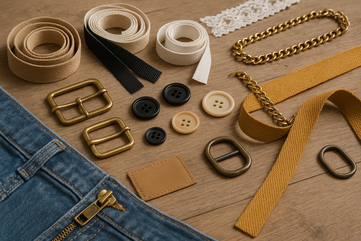 Wholesale fashion trims and accessories supplier displaying a diverse collection of buttons, zippers, woven labels, metal hardware, and decorative elements in a bright, organized studio setting.