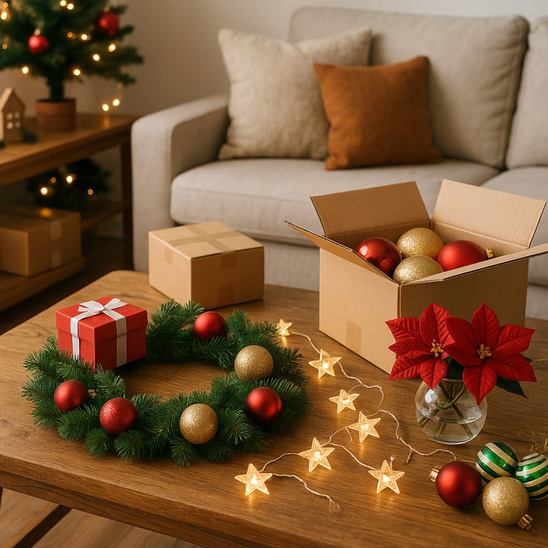 A professional display of festival decorations including Halloween props, Easter eggs, Christmas tree toppers, and colorful party banners from a leading supplier.