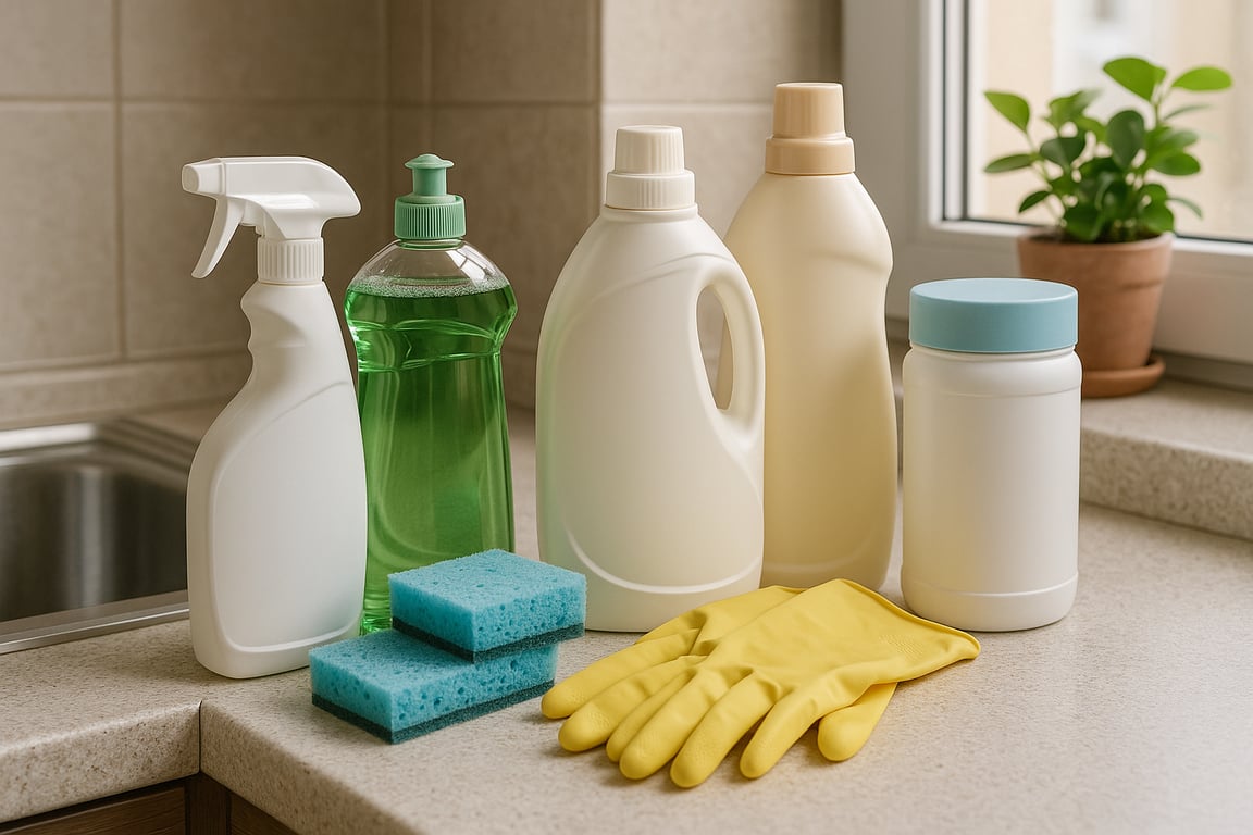 A variety of wholesale household cleaning supplies such as sponges, squeegees, duster tools, and organized cleaning kits in a modern utility room.
