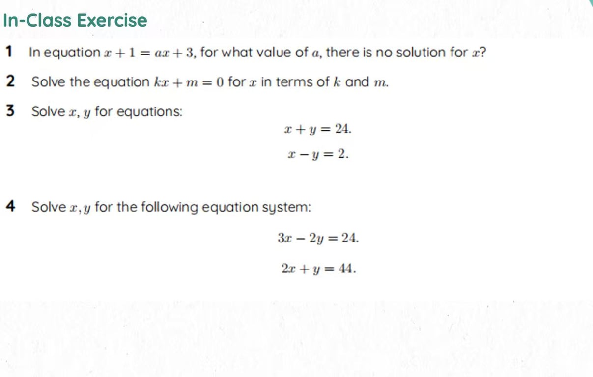 Algebra equations in-class exercise