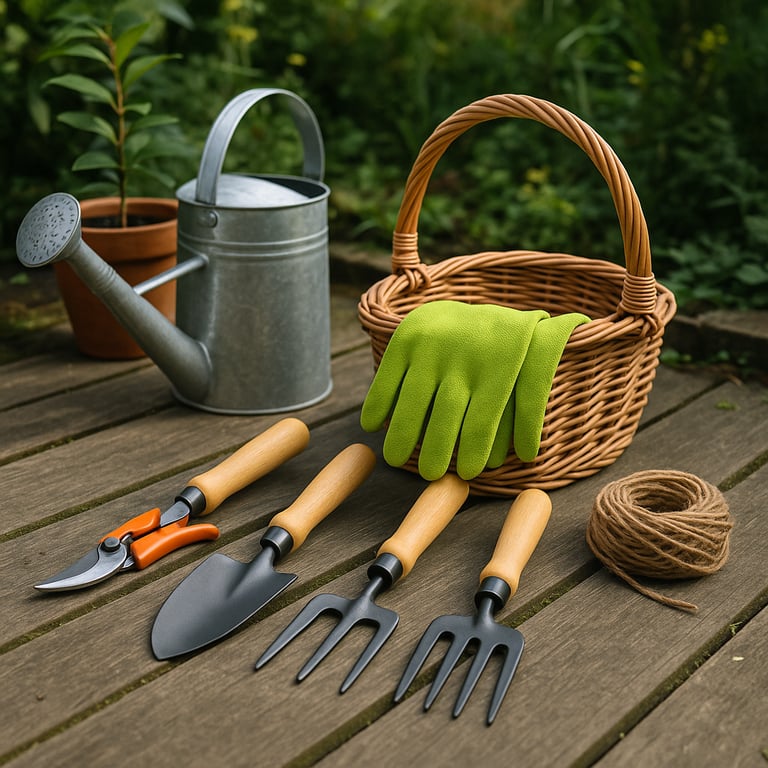 Wholesale garden tools supplier displaying a variety of gardening essentials including a spade, hand trowel, cultivator, pruning shears, gardening gloves, and seed packets on a rustic wooden table, ready for planting.