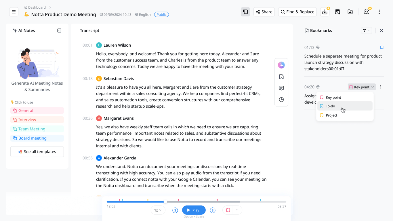 Notta meeting review interface with AI Notes, speaker transcript, bookmarks, and audio playback