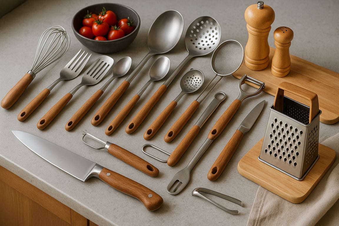 Wholesale kitchen tools supplier displaying a diverse collection of cooking utensils, baking tools, and kitchen gadgets, including silicone spatulas, stainless steel whisks, measuring spoons, and ergonomic peelers, in a professional kitchen setting.