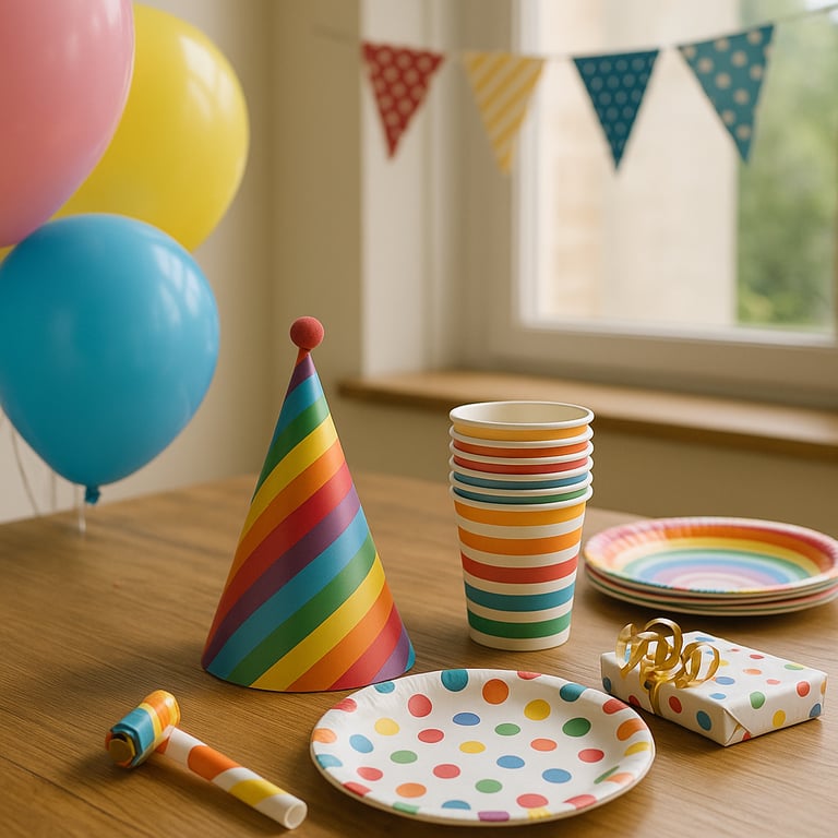A diverse collection of party decorations, including colorful banners, themed balloons, disposable plates and cups, and festive accessories, arranged for a celebration.