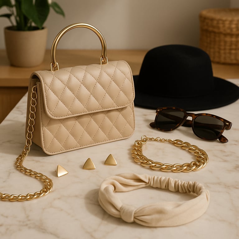 A curated collection of stylish fashion accessories including a leather handbag, delicate gold necklaces, statement earrings, a silk scarf, and a chic hat, arranged on a minimalist background, highlighting options for low MOQ orders.