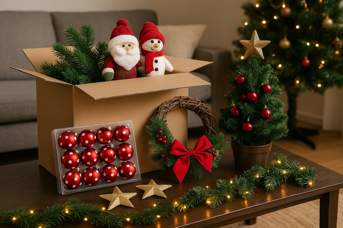 Wholesale holiday decorations supplier displaying a vibrant assortment of Christmas tree ornaments, festive garlands, decorative lights, and seasonal figurines, ready for bulk distribution.